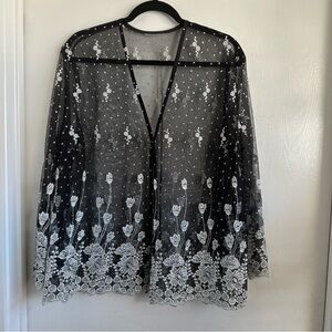 Black Sheer Top with Intricate Silver Metallic Floral Embroidery